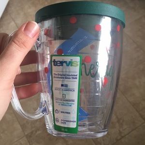 “Merry” Tervis mug w/ lid.Green w/red polka dots